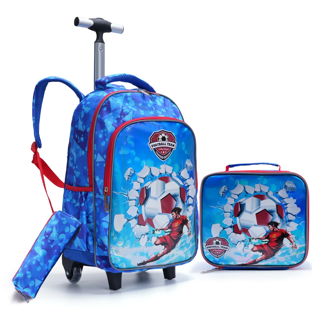 

3PCS Kids travel bag, Luggage Bag, Bookbag with wheels, With Lunch Box And Pen Bag, Cartoon Soccer Pattern, Nighttime reflective