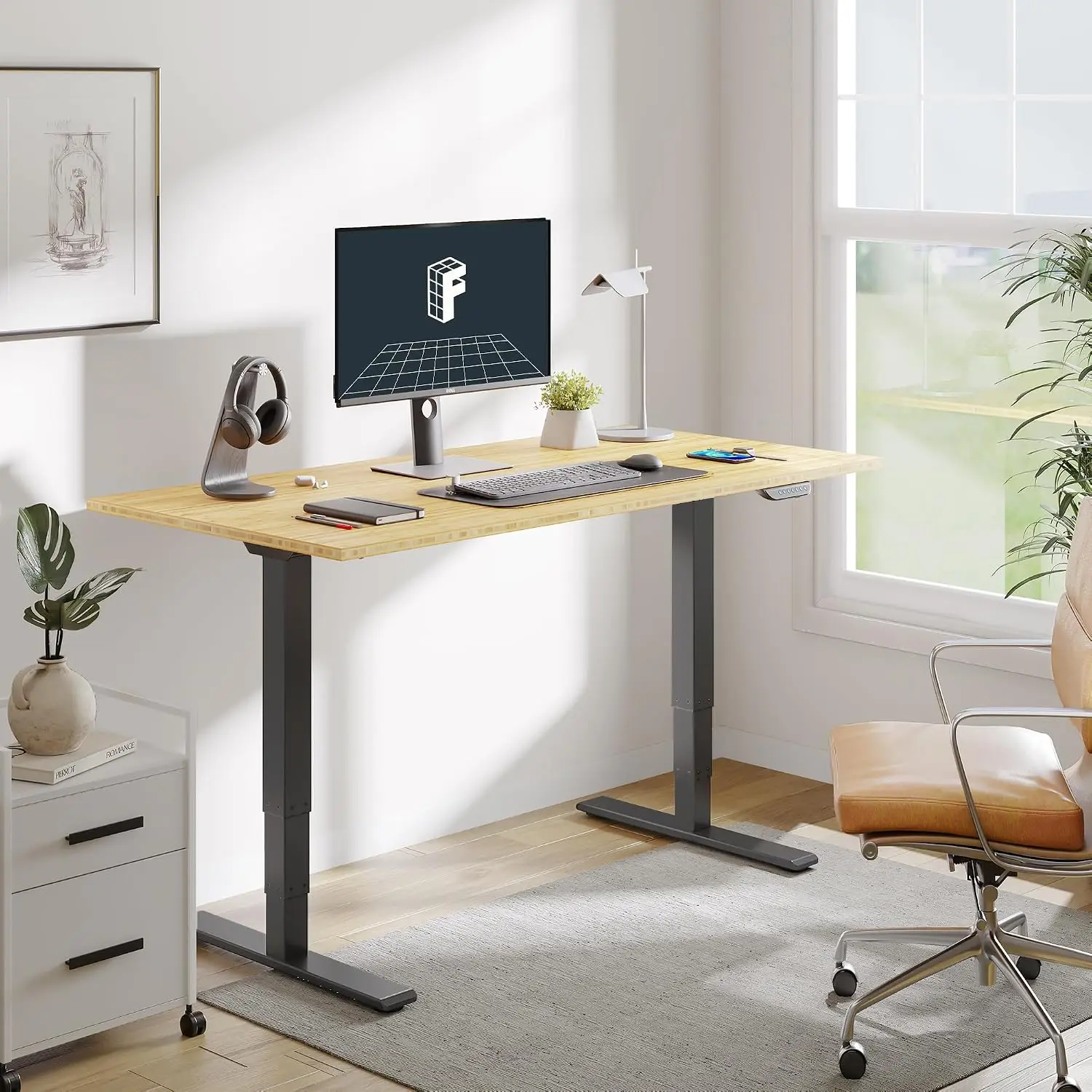 Bamboo Standing Desk Dual Motor 3-Stage 55x28 Inch 330lbs Height Adjustable w/Cable Management & Wheels, Customized
