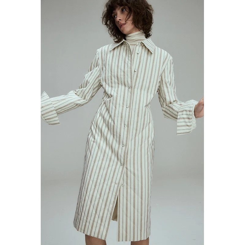 

RUIEE Slim Fit irt Dr Cotton Velvet Striped Waist Cinching Long Sve A-Line Skirt Single Button Closure Commute Sle