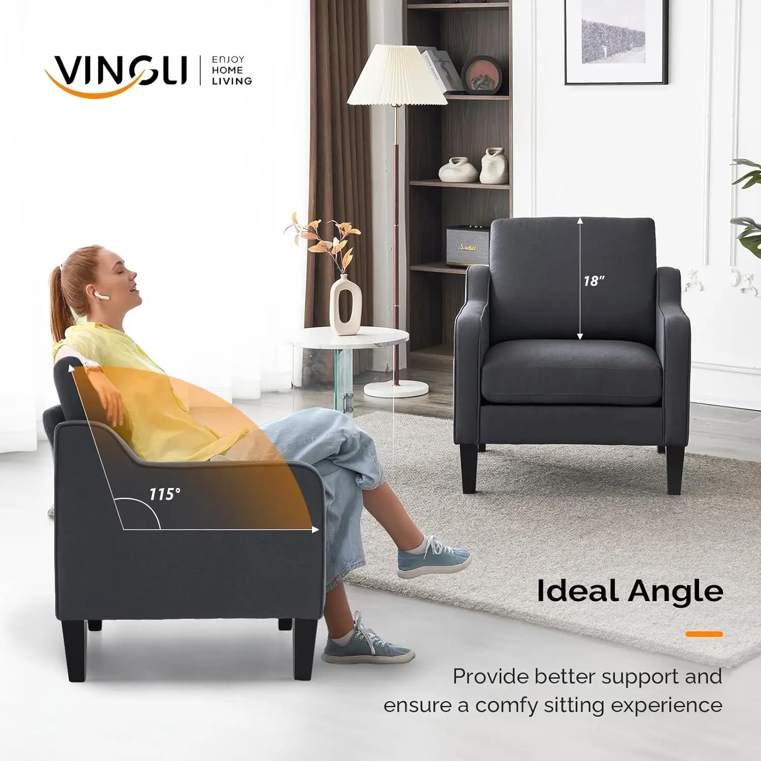 VINGLI Sillas decorativas para sala de estar, silla moderna de mediados de siglo, sofá, sillón tapizado con brazos recortados para cama