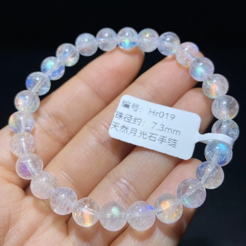 Natural Moonstone Rainbow Light Women Beads Bracelet 7mm Stretch Orange Blue Moonstone Clear Round Beads Bracelet AAAAA