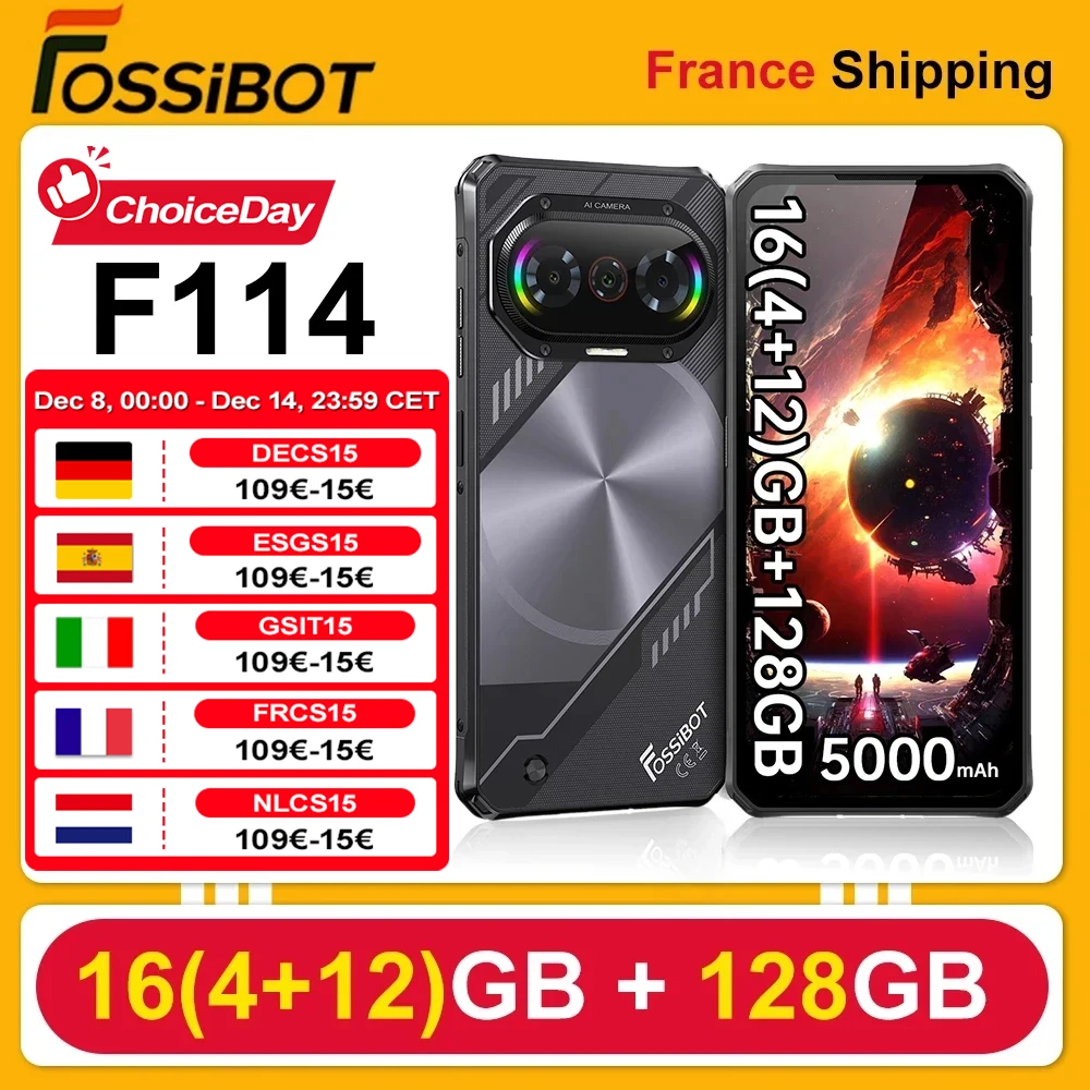 Fossibot F114 Smartphone Robuste Ultra-fin 16(4+12)Go +128Go Unisoc T615 4G 5000mAh 18W 50MP+8MP+2MP Android 15
