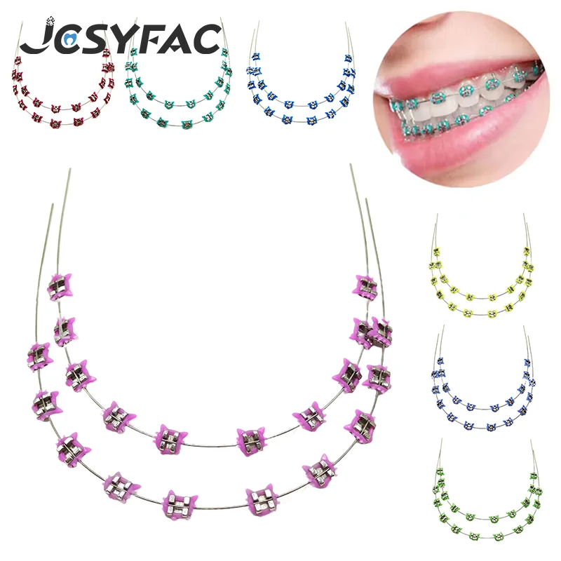 2Pcs 다채로운 만화 고양이 치과 금속 교정기 후크가없는 Archwire 금속 브래킷 및 결찰 묶음 임시 치아 장식