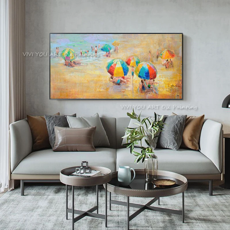 Home Decorative handmade Seashore Wall Picture Sand Children Vacation Canvas Beach Landscape Oil Painting Living Room decoration