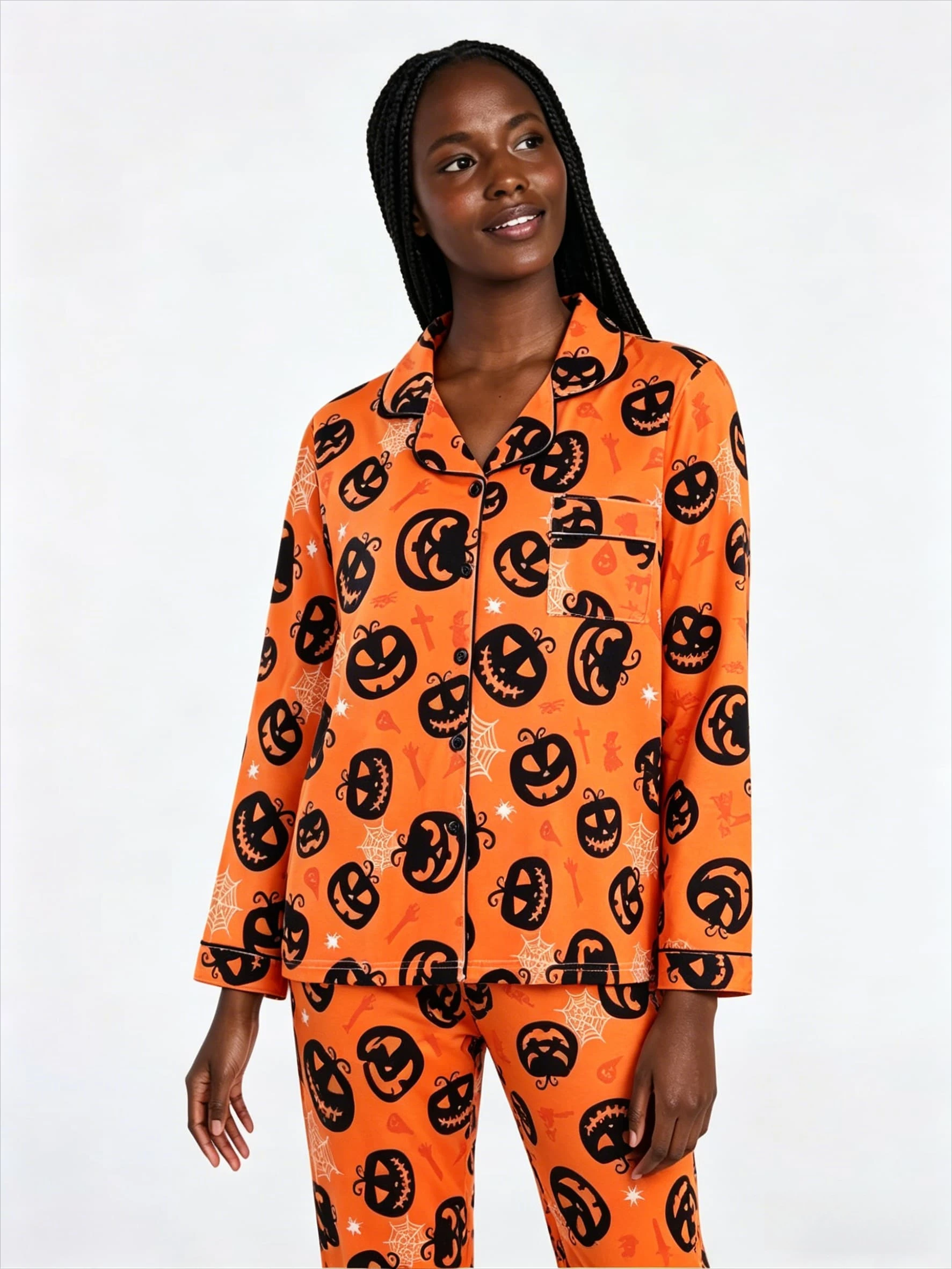 

Halloween Women Long Sleeve Pajama Set Casual Lapel Homewear Fall Sleepwear