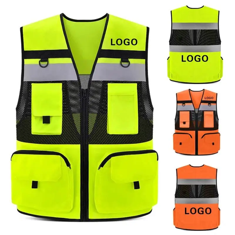 Men Customized Safety Vest Multiple Pockets Traffic Duty Protection Night Light Road Commuting Work Clothes Vest Printed Logo