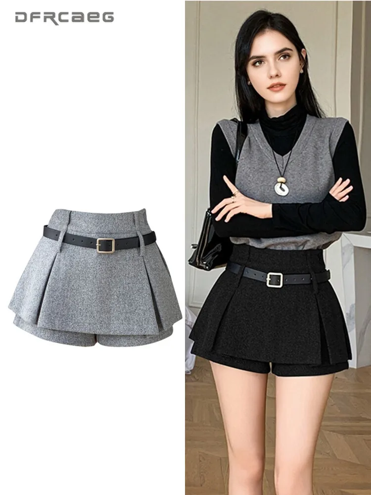 Preppy Style Gray Winter Thicken Women's Wool Skirt With Belt High Waist Casual Slim Hotsweet Y2k A-line Short Skirts Female