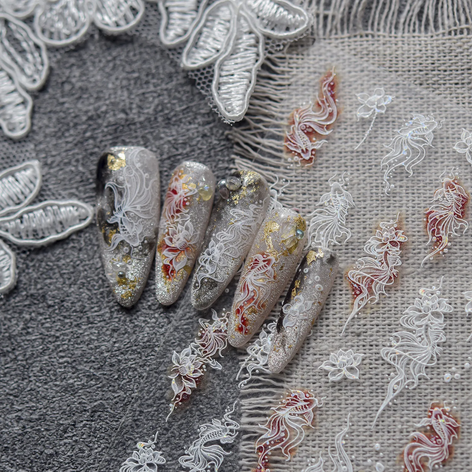 Shell Light Nail Stickers Lucky Koi Fish Goldfish Red Gold Carp Delicate Flower Adhesive Nail Charms Art Stickers Manicure Decal