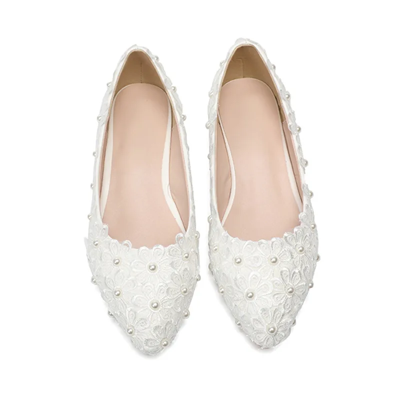 

Spring Women's Lace Pearl Pointed Shallow Mouth Flat Shoes Bridesmaid Wedding Party Evening Floral Shoes Zapatos Elegantes Mujer