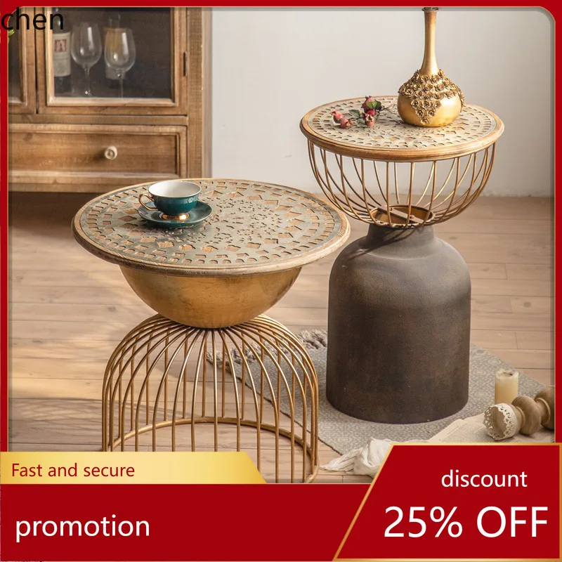 

HXL Iron Carved Small Side Table for Homestays and Home Use, Solid Wood Coffee Shop Small Table