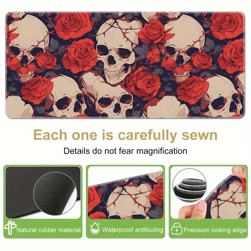 Skull and Roses Extra Large Gaming Mouse Pad Smooth Stitched Edge Non-Slip Desk Mat