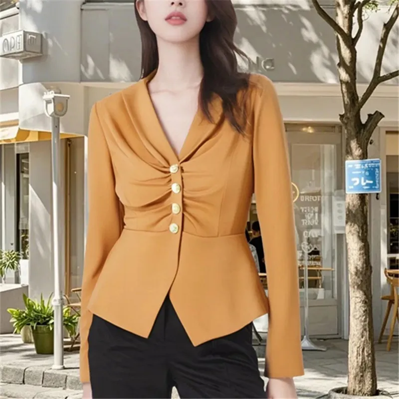 

Fashion V-Neck Blouses Women Fashion 2025 Spring Autumn Korean High-End Solid Color Long Sleeve Slim Shirt Female Clothes B883