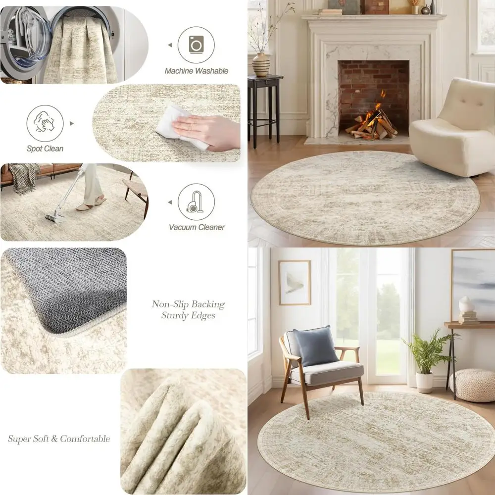 

6x6 Beige Circle Rug - 6ft Vintage Living Room Area Rug with Non-Slip Indoor Carpet for Dining & Bedroom