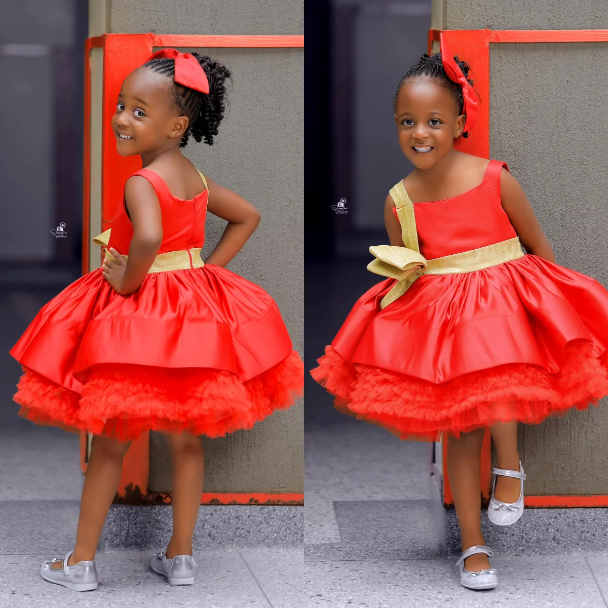 

Red Satin Flower Girl Dress For Wedding Puffy Tulle With Bow Ruffles Sleeveless First Communion Princess Baby Birthday Ball Gown