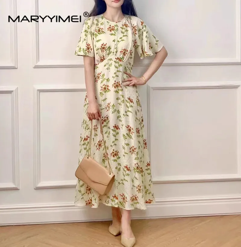 MARYYIMEI Fashion Designer Summer Women's dress Short sleeved Floral-Print Elegant Silk Dresses