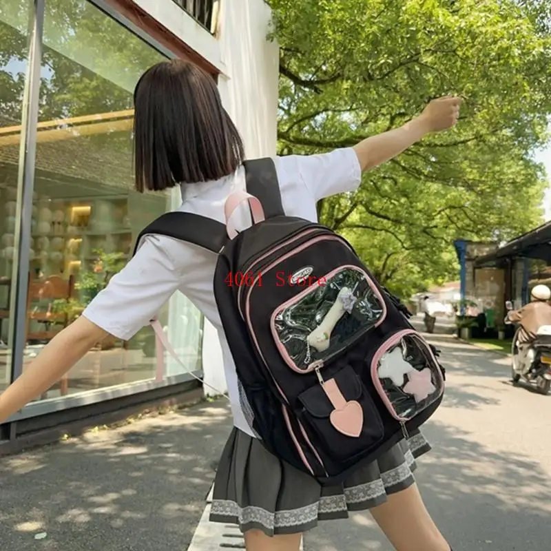 حقيبة ظهر مدرسية للفتيات المراهقات والأولاد مع جيب شفاف على شكل حقيبة ظهر جمالية كورية ذات سعة كبيرة وحقيبة كتب مدرسية #1