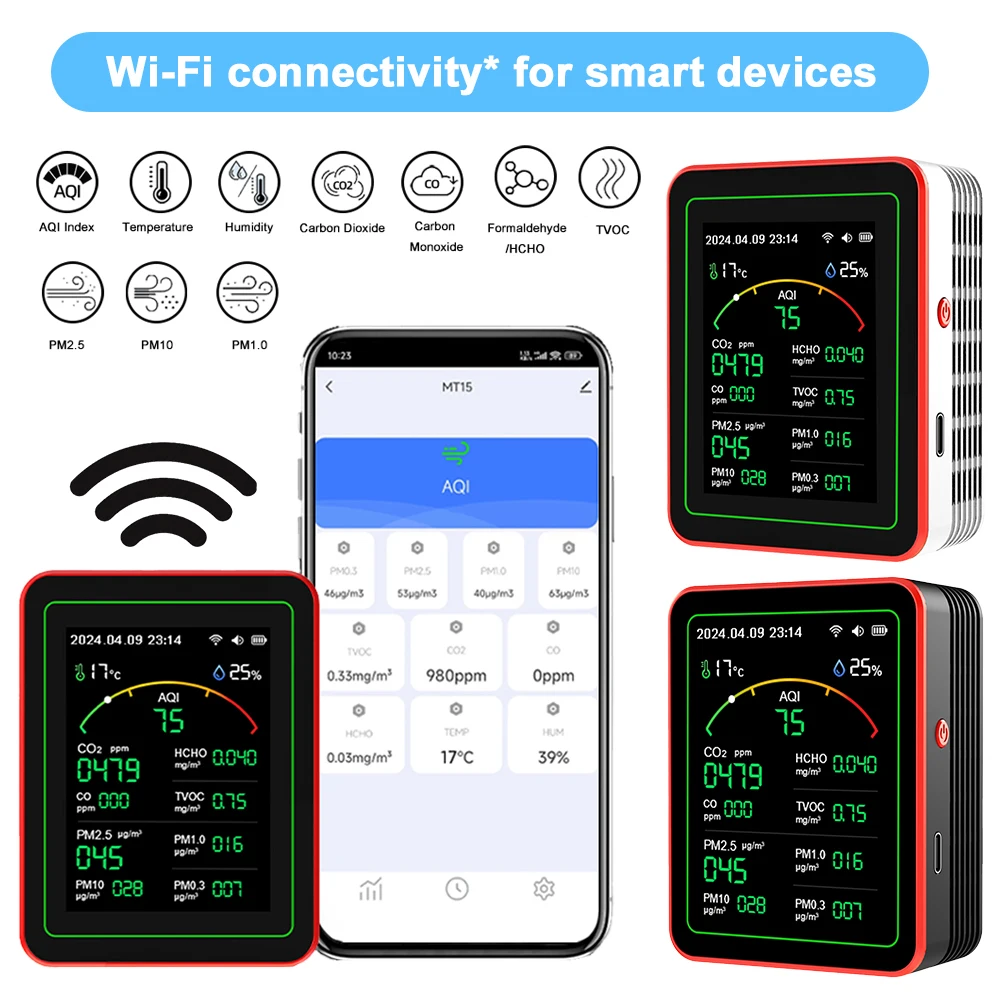 WiFi 15 in 1 Monitor della qualità dell'aria interna Display TFT CO CO2 TVOC HCHO Tester APP Controllo Orologio multifunzionale