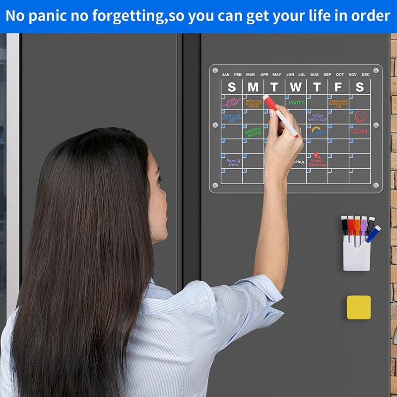 Acrylic Magnetic Calendar Dry Erase Fridge Calendar Board For Fridge,16X12 Inch (1 Set)