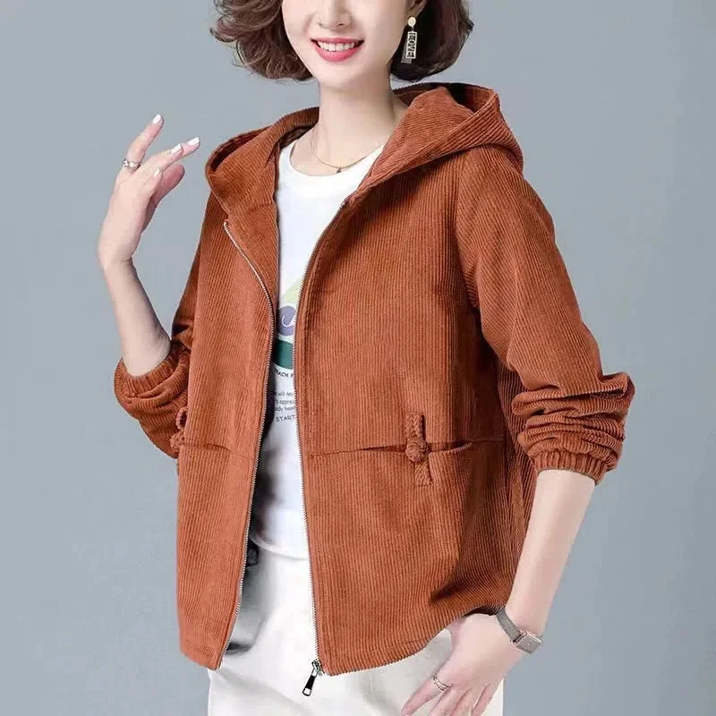 2024 Women Clothing Corduroy Short Jackets Winter Thick Fleece Warm Hooded Coats Zipper Fashion Solid Simple All-match Outwear