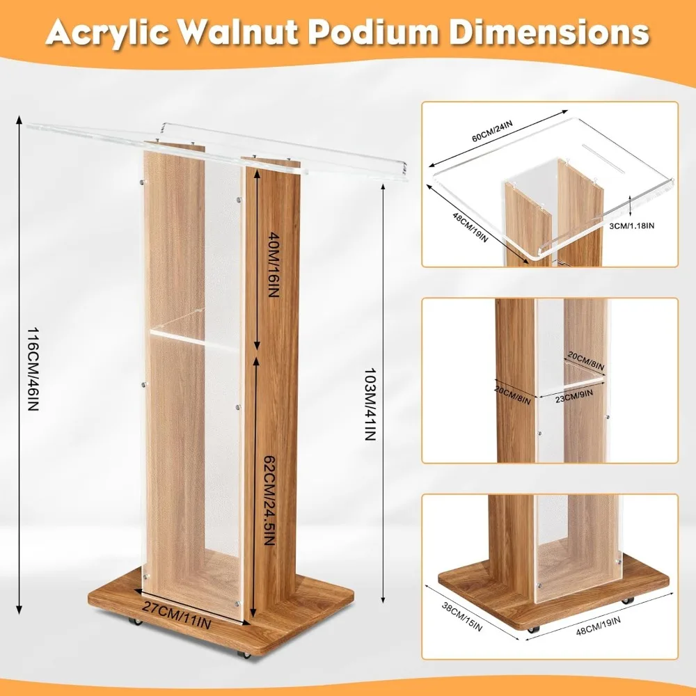 説教や講義用の木製フレームとロック可能な車輪付きのポータブルアクリル製教会説教壇