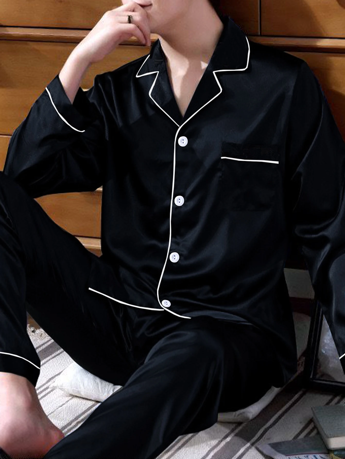 Two piece sets men's pajamas autumn and winter silk satin long sleeved pants casual simple solid color sleepwear set