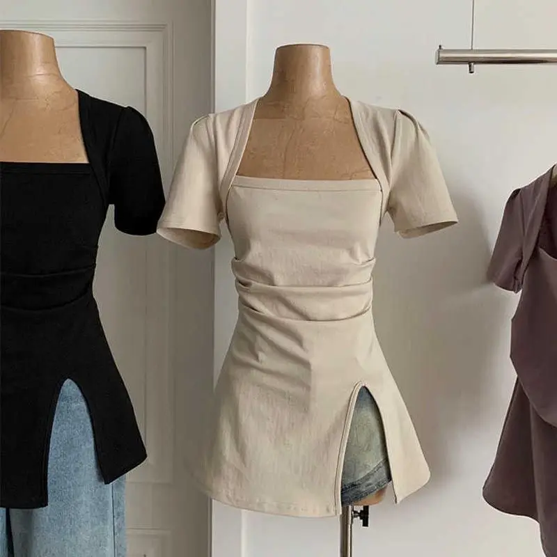 

French Split Square Collar Short-sleeved T-shirt 2025 Summer Design Sense Long Fold Women's Shirt