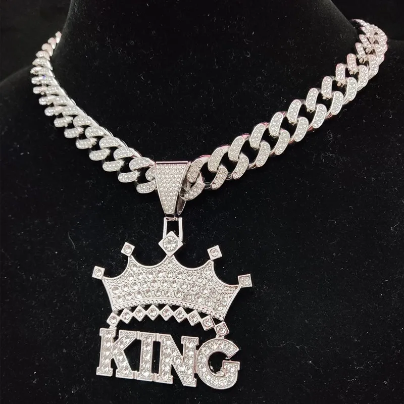 2023 NEW Men Hip Hop Crown with King Pendant Necklace Crystal Cuban Chain HipHop Iced Out Bling Necklaces Fashion Charm Jewelry