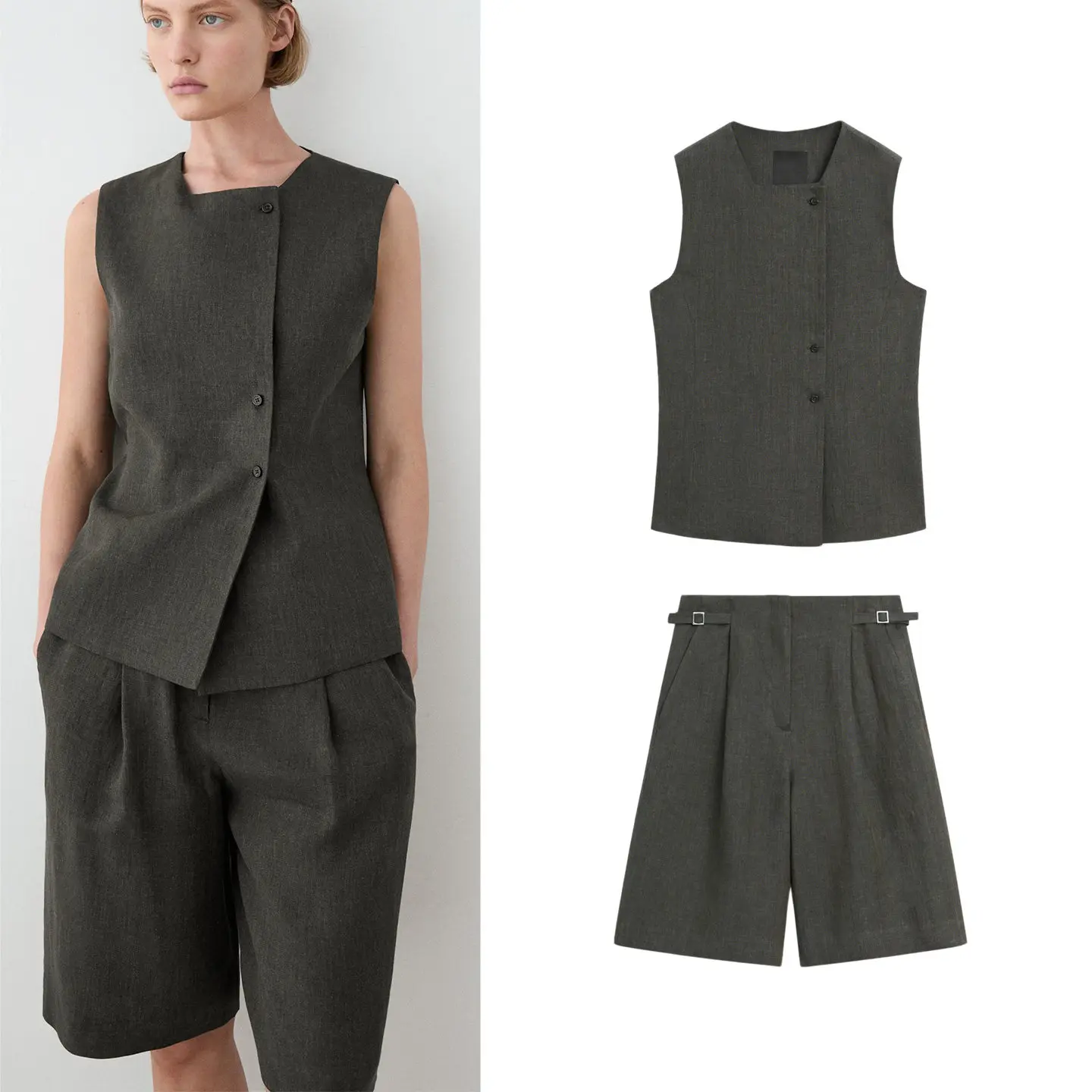 Loose Fit Short Sleeve round Neck Double Button Vest And Shorts Set Fashionable Summer Outfit for Women High Waist Shorts