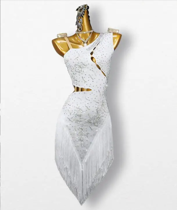 

White Latin Dress Fringe Sexy Competition Costume Samba Salsa Stage Shiny Not Jewelry