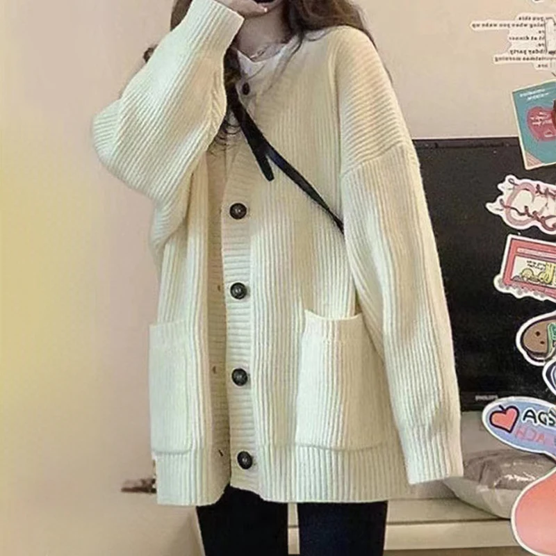 Women Chunky Cardigan Sweaters Button Up V-neck Front Pocket Soft Knitted Jacket Cozy Vibe Teen-girl Fall Winter Outfit