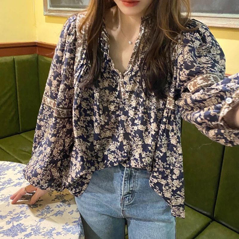 Alien Kitty Women Shirts 2023 Spring Blouses Floral Vintage Lantern Sleeve Elegant Casual All Match Female Office Lady Tops