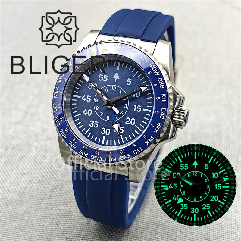 BLIGER 40mm Men Pilot 100m NH34 GMT Automatic Diving Watch Black Cream Dial With C3 Green Luminous Sapphire Glass Rubber Strap