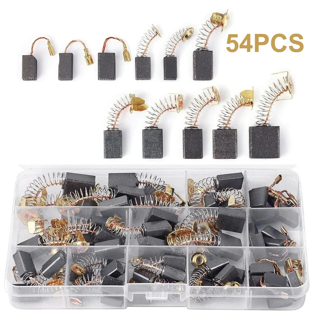 

Набор угольных щеток из 54 предметов, угольные щетки для электроинструментов для улучшения дома, доступны в 11 размерах, подходят для угловых шлифовальных машинок, ударных дрелей, электрических молотков и циркулярных пил для ремонта и запасных частей.