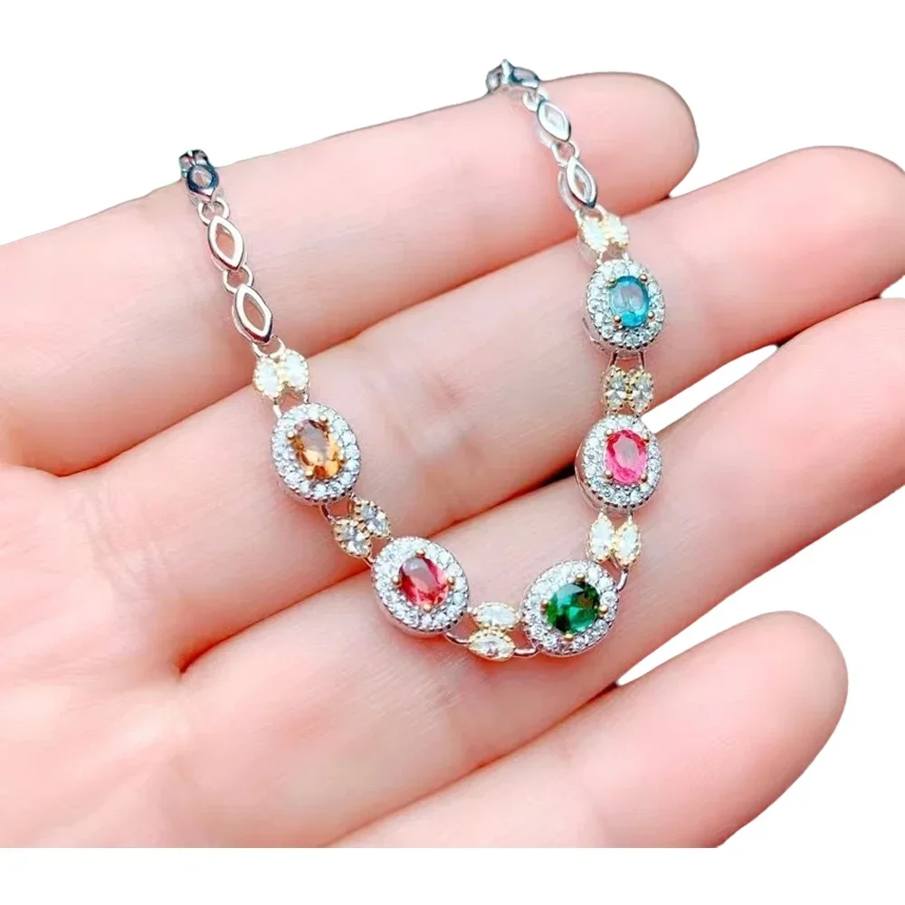 KJJEAXCMY-925 Sterling Silver Bracelet Women, Fine Jewelry, Inlaid Natural Tourmaline, Elegant Fashion, Style, Gem Hand Bracelet
