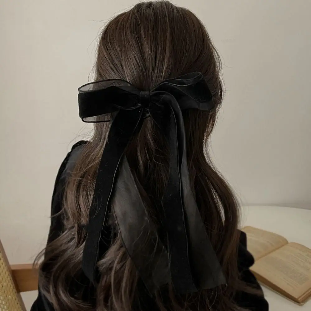 Velvet Hair Clip Retro Long Tulle Black Hair Bows Hair Ring Ribbon Hepburn Style Hairpin Lady Girls