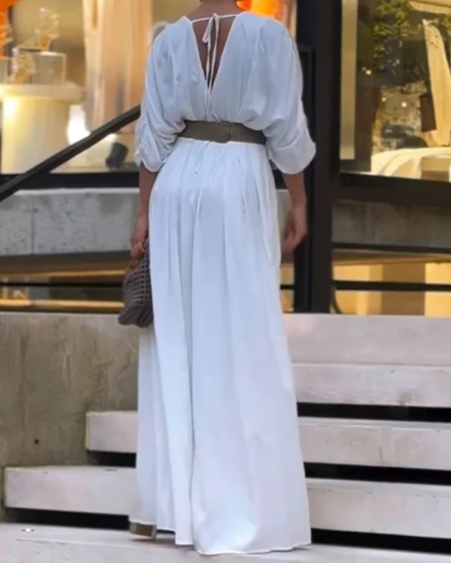 Jumpsuit Women 2025 Spring New Solid Color V-Neck Half Sleeve Ruched High Waist Casual Daily Wide Leg Long Jumpsuit