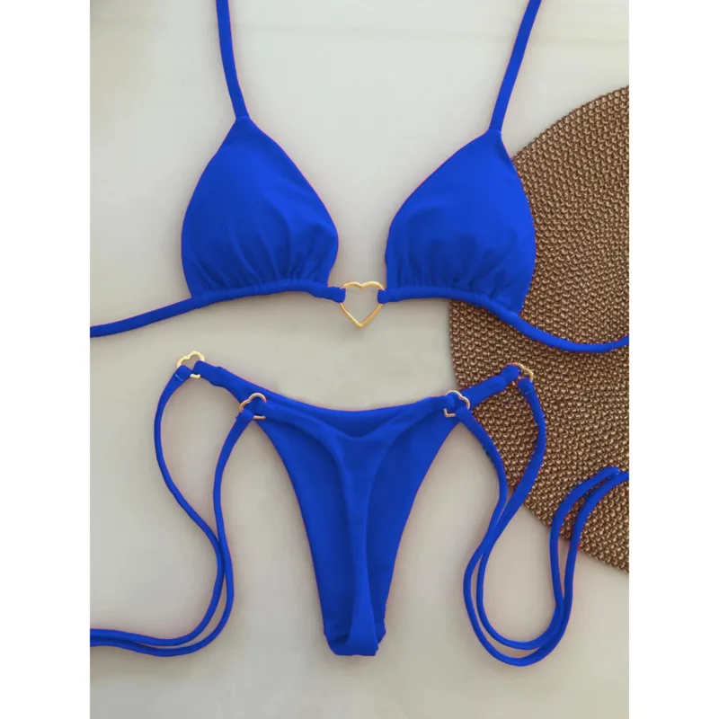 Sexy Solid Low Waisted Bikini Sets Women Swimsuit Heart Link Ring Red Strappy Beach Wear Summer New Holiday Seaside Bathing Suit