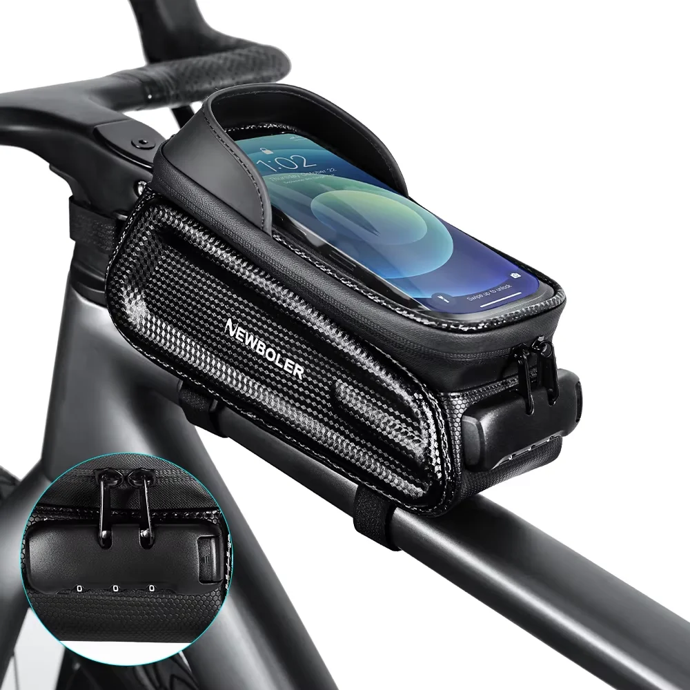 AliExpress NEWBOLER Bicycle Bag 7.5 Inch Phone Bag Combination Lock Waterproof Front Frame Cycling Bag Sensitive Touch Screen MTB Road Bike Bag