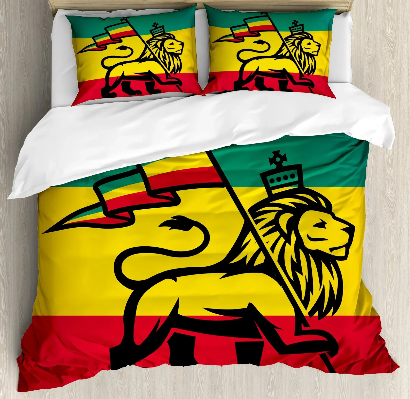 Rasta Duvet Cover Set,Lion A Rastafari Flag Jungle Reggae Bedding Set Art Colorful Cultural Folkloric Print Comforter Cover Set