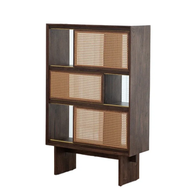 Black walnut solid wood tea room cabinet, living room tea set display cabinet, simple storage, study, bookcase