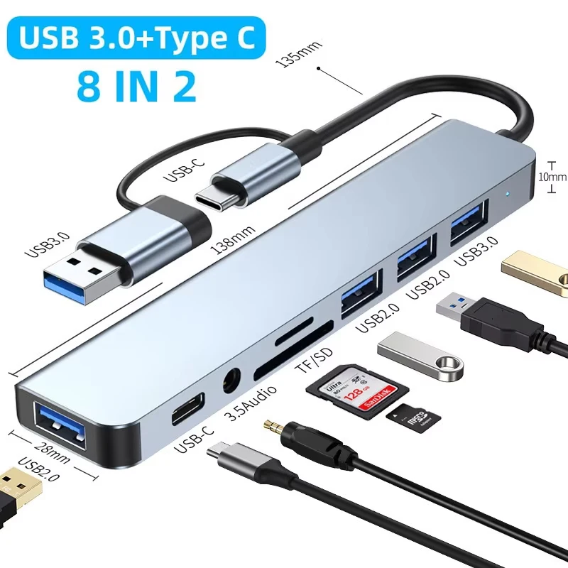 8 in 2 USB +Type C HUB Docking Station with 3.5mm Audio Jack Adapter for Micro SD Card Reader Laptop Tablet Phone Disk Converter