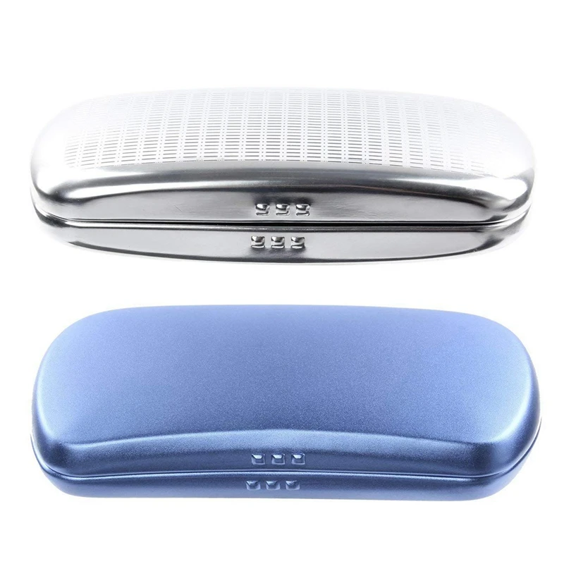 

2Pcs Glasses Case, Aluminum Hard Shell Eyeglasses Case Striped Spectacles Box For Small And Medium Frames - Blue & Silver
