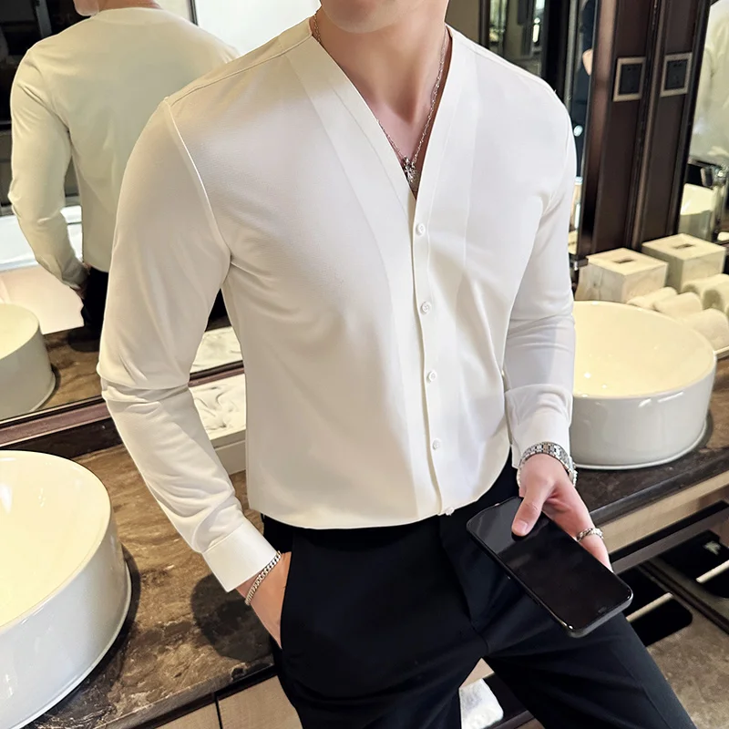 2023 New Seamless Men\'s Shirt Long Sleeve V-neck Casual Shirts Fashion Slim Fit Business Formal Dress Shirts Social Banquet Tops