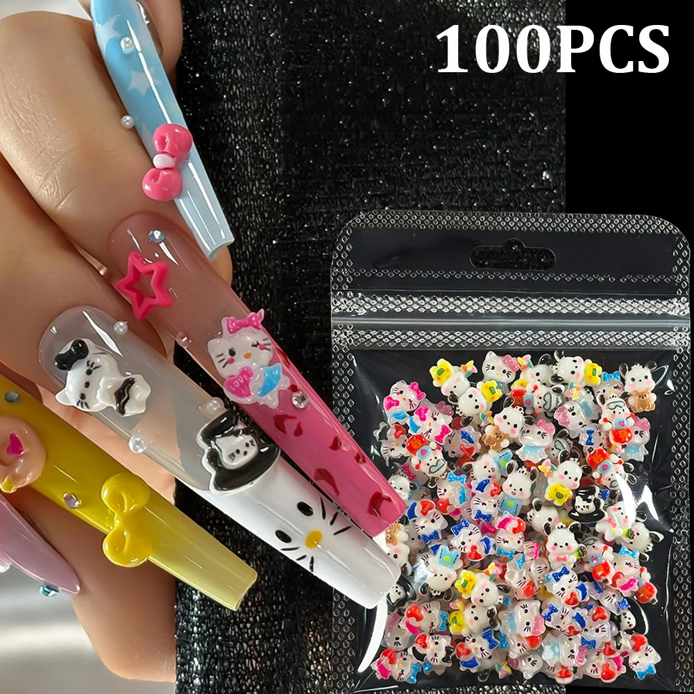 

100pcs Colorful Hello Kitty Pochacco Nail Decorations Summer Ice Cream Kuromi Nail Art Charms Cute Cartoon KT Manicure Parts