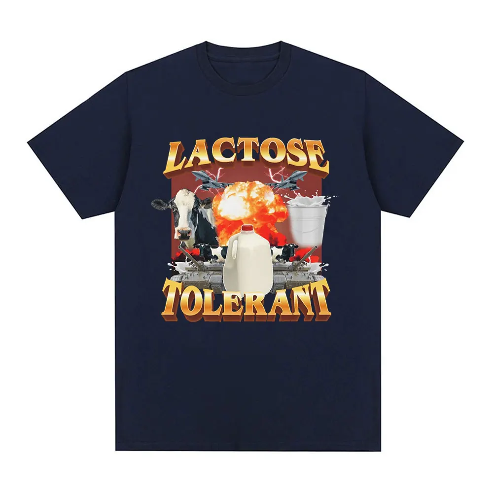 Lactose Tolerant Graphic Print T-Shirt Men\'s Vintage Fashion Short Sleeve T-shirts 100% Cotton Casual Cozy Oversized T Shirts