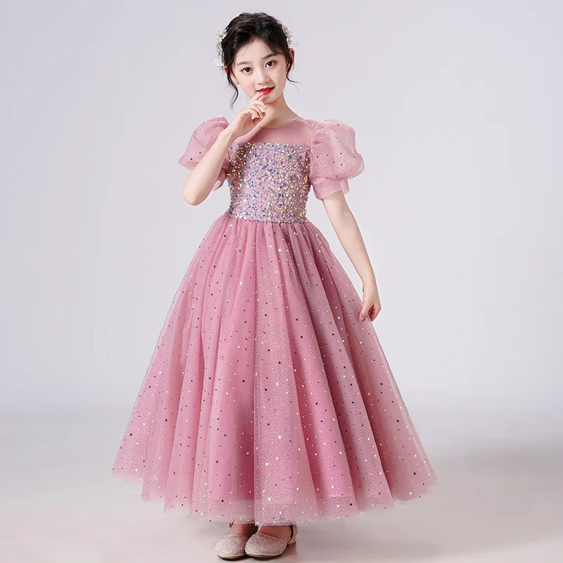 

Girls Party Dresses Pink White red Longuette Performance Costume Wedding Activity Dress Host Clothing Princess Long Skirt Summer