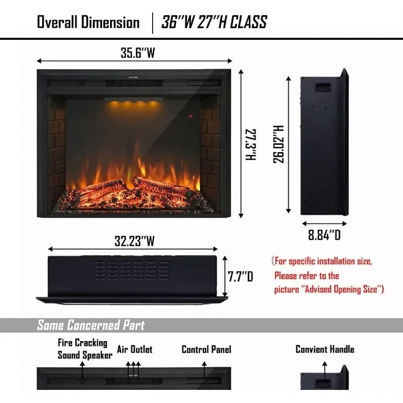 36'' Electric Fireplace Insert,Retro Recessed Fireplace Heater with Fire Cracking Sound,Remote Control & Timer, 750/1500W, Black