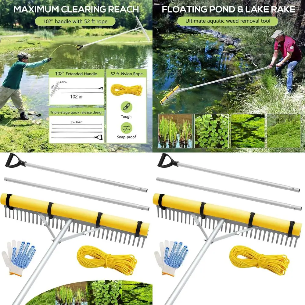 

36 Multi-Position Lake and Land Rake with 102 Extendable Handle, 52ft Rope, for Weed and Debris Removal, Yellow