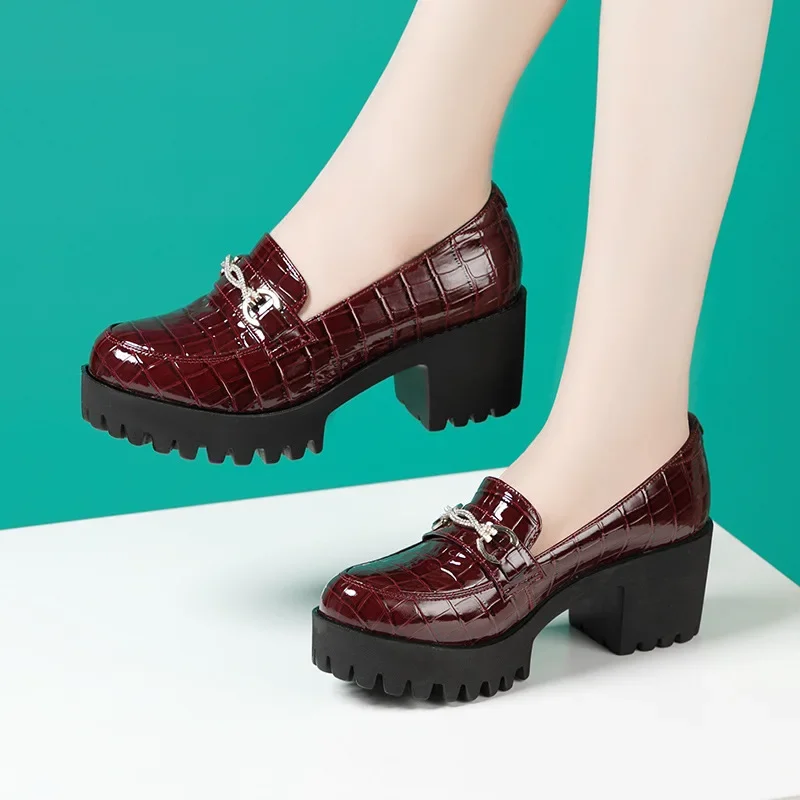 Black patent leather rhinestone 8cm high heels Women autumn Waterproof Platform Thick Sole Model Cheongsam Show Leather Shoes