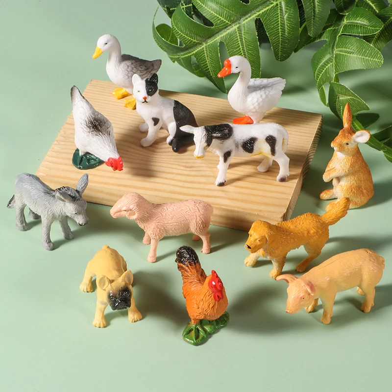 12pcs Mini Farm Figurines Realistic Animal Model Dog Duck Cock Pig Sheep Cat Action Figures Simulated PVC Educational Toy